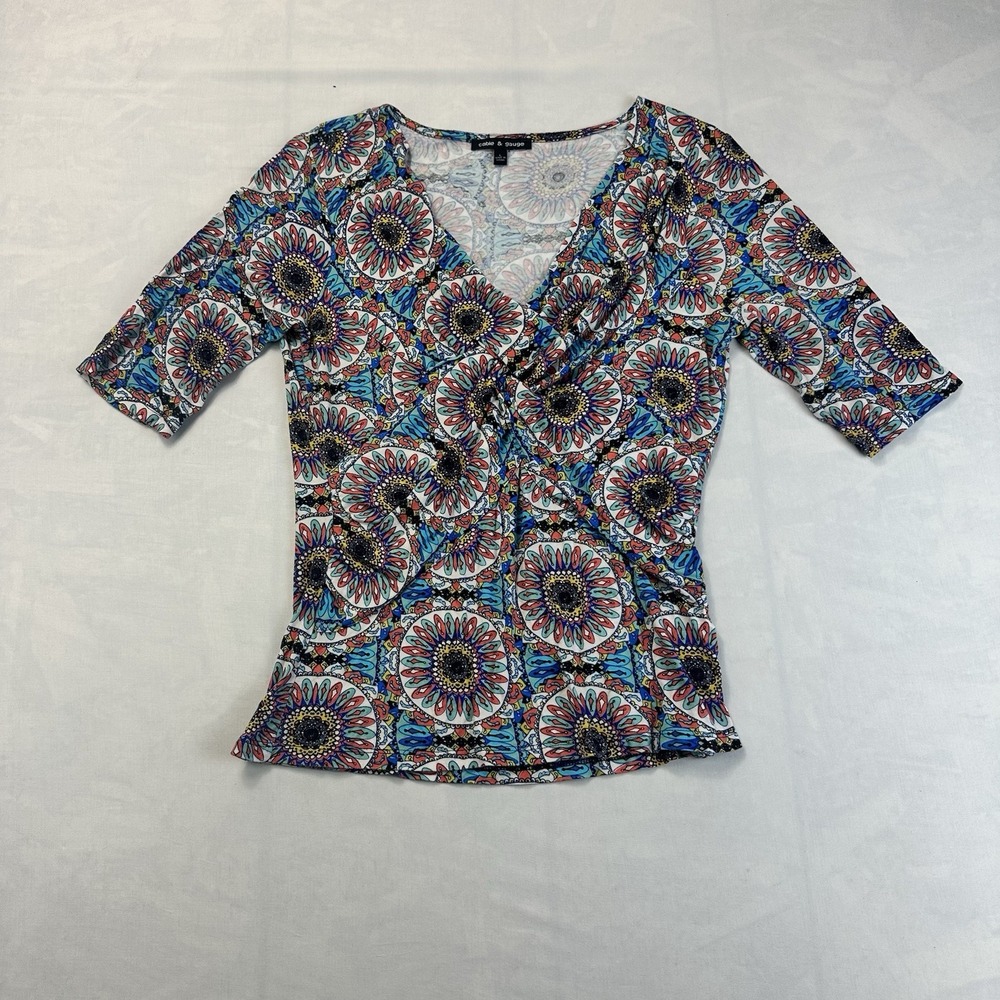 Cable & Gauge Women's Multicolor Floral Medallion V Neck Stretch Top Size L
